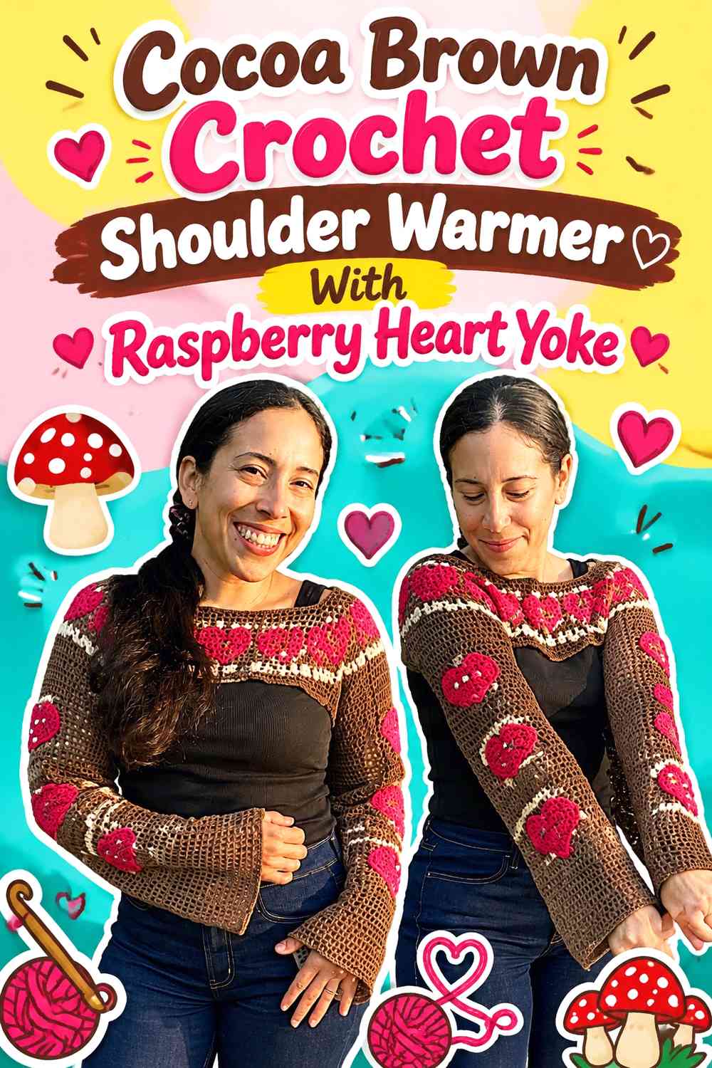 Cocoa Brown Crochet Shoulder Warmer With Raspberry Heart Yoke