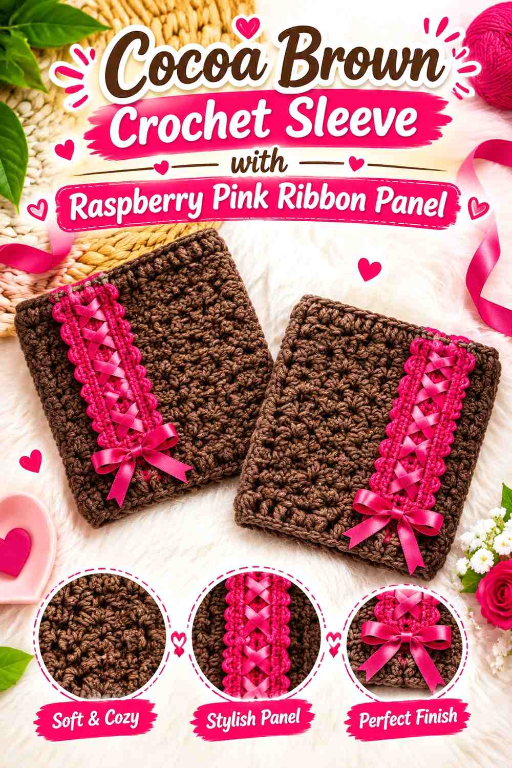 Cocoa Brown Crochet Sleeve with Raspberry Pink Ribbon Panel