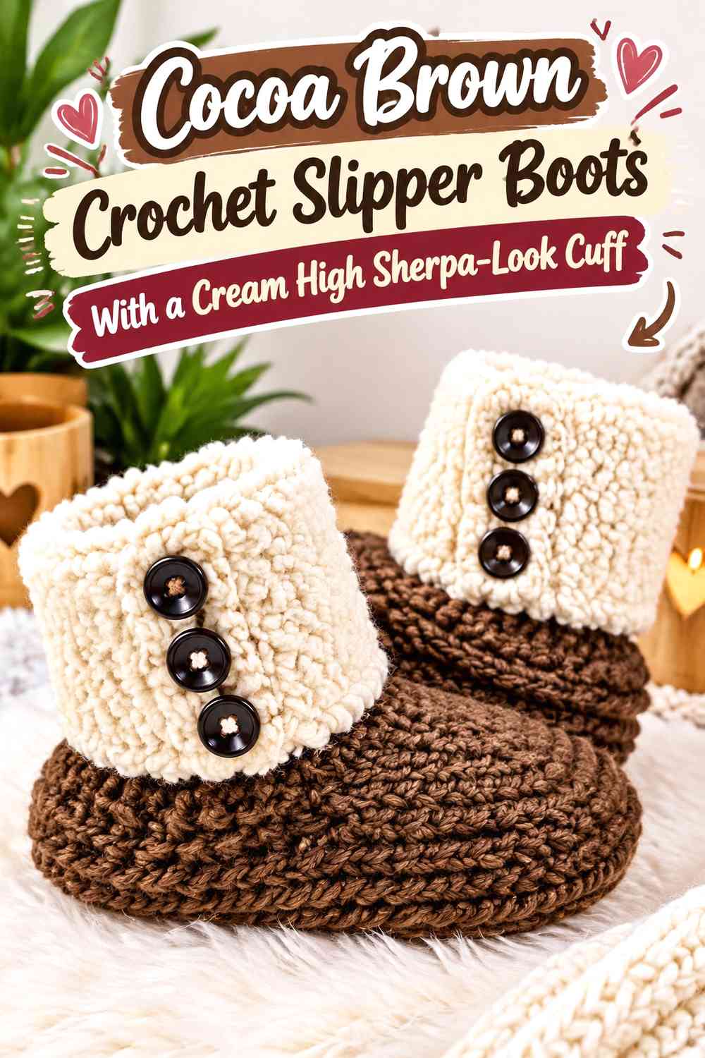 Cocoa Brown Crochet Slipper Boots With a Cream High Sherpa-Look Cuff