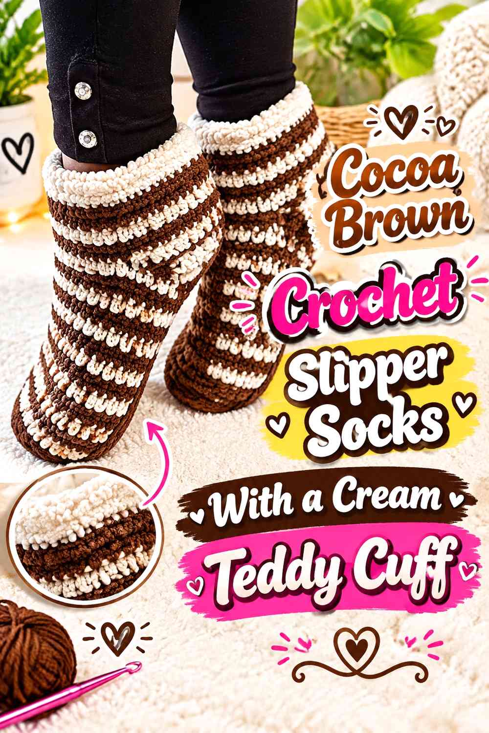 Cocoa Brown Crochet Slipper Socks With a Cream Teddy Cuff