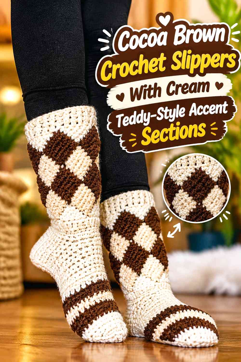 Cocoa Brown Crochet Slippers With Cream Teddy-Style Accent Sections