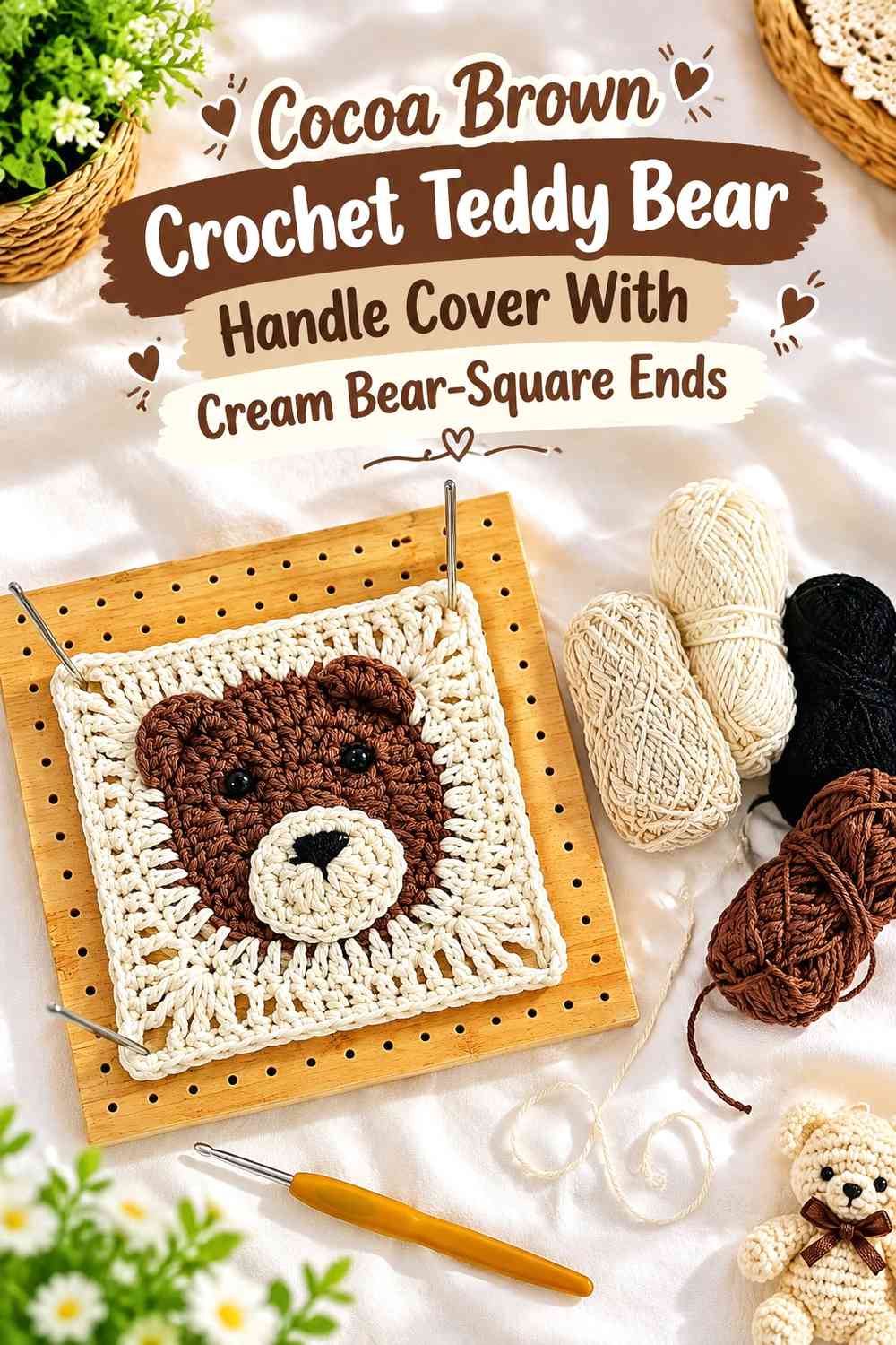 Cocoa Brown Crochet Teddy Bear Handle Cover With Cream Bear-Square Ends
