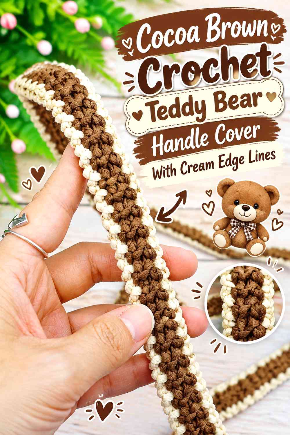 Cocoa Brown Crochet Teddy Bear Handle Cover With Cream Edge Lines