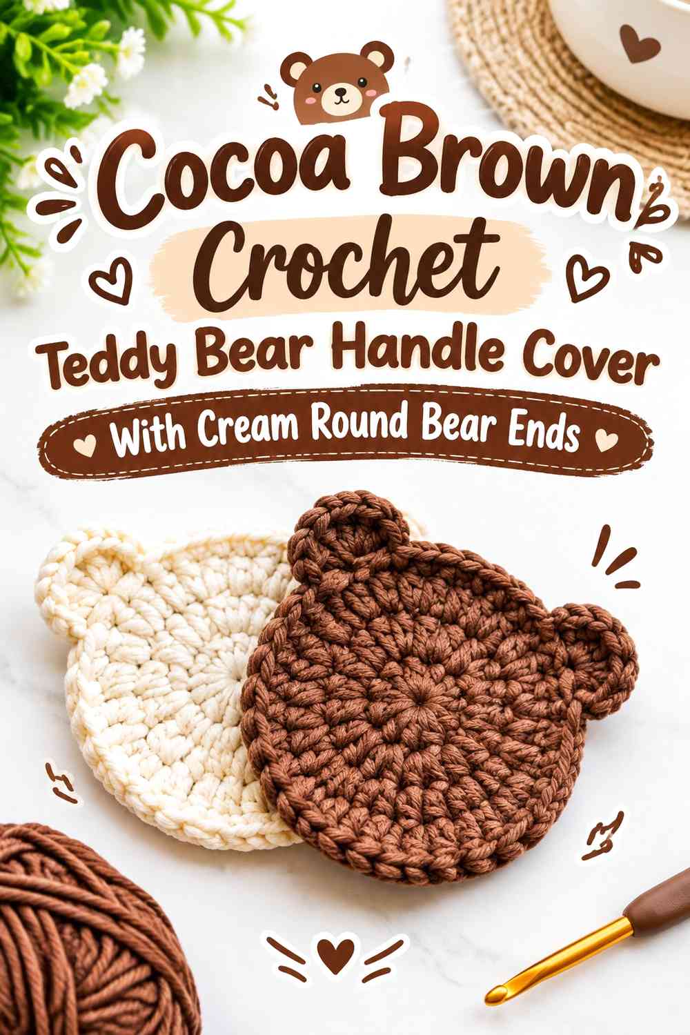 Cocoa Brown Crochet Teddy Bear Handle Cover With Cream Round Bear Ends