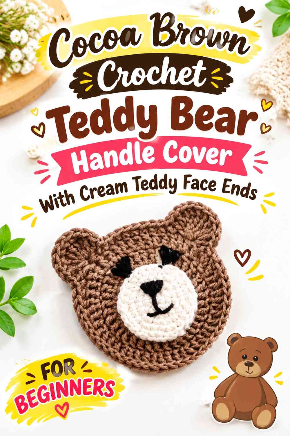 Cocoa Brown Crochet Teddy Bear Handle Cover With Cream Teddy Face Ends