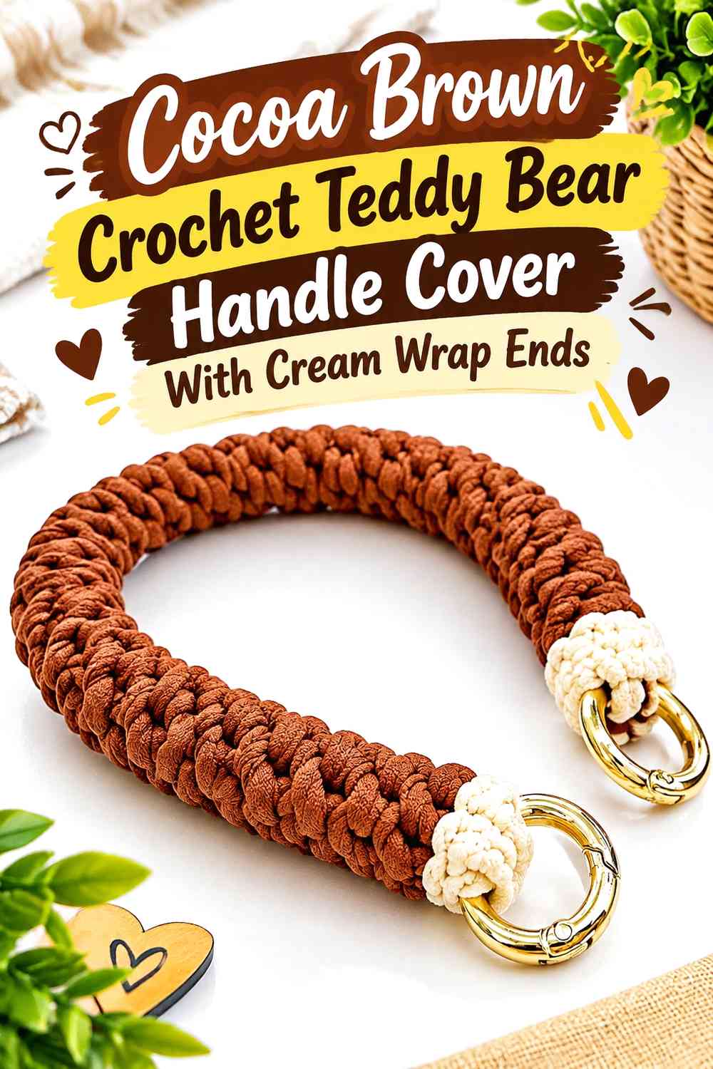 Cocoa Brown Crochet Teddy Bear Handle Cover With Cream Wrap Ends