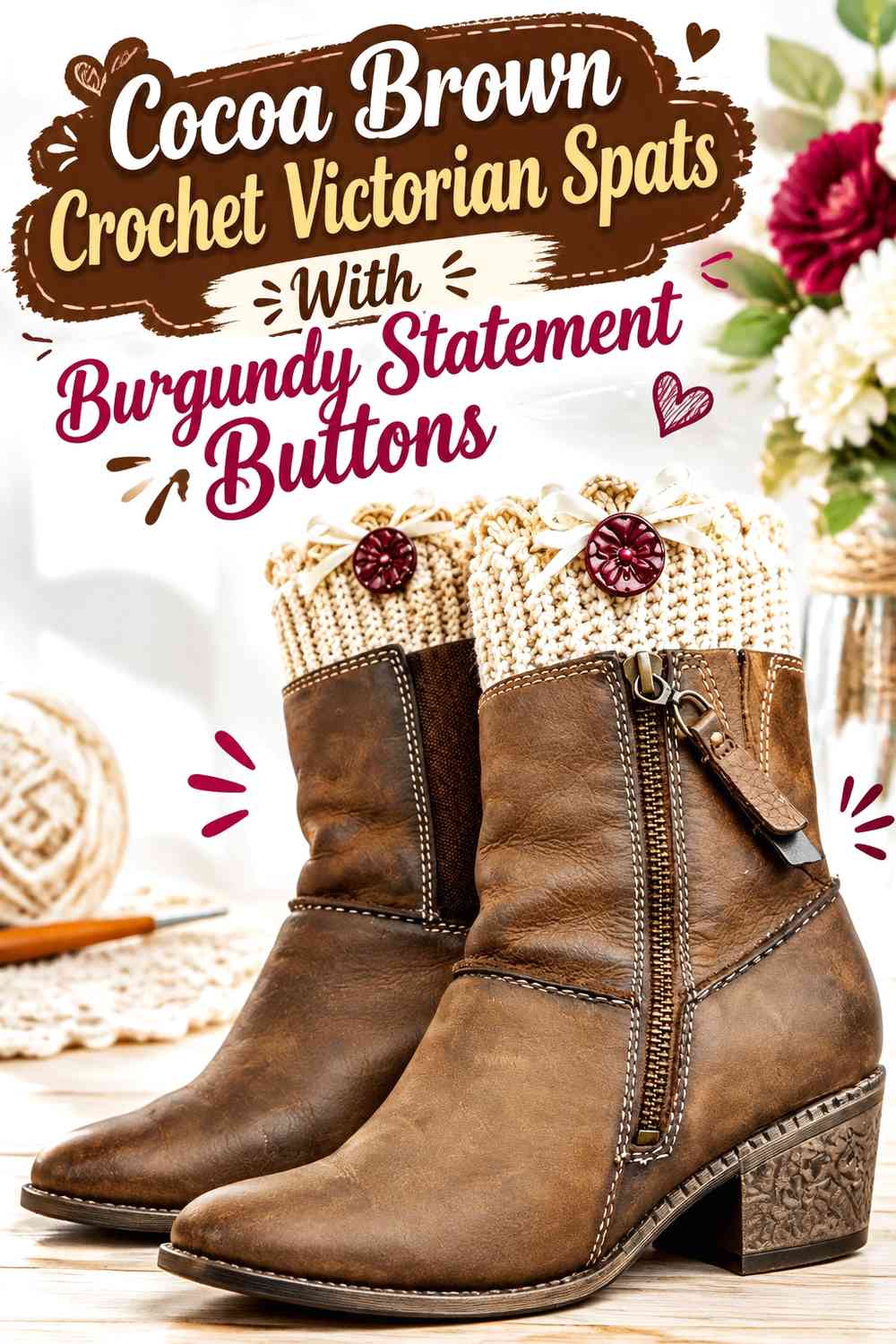 Cocoa Brown Crochet Victorian Spats With Burgundy Statement Buttons