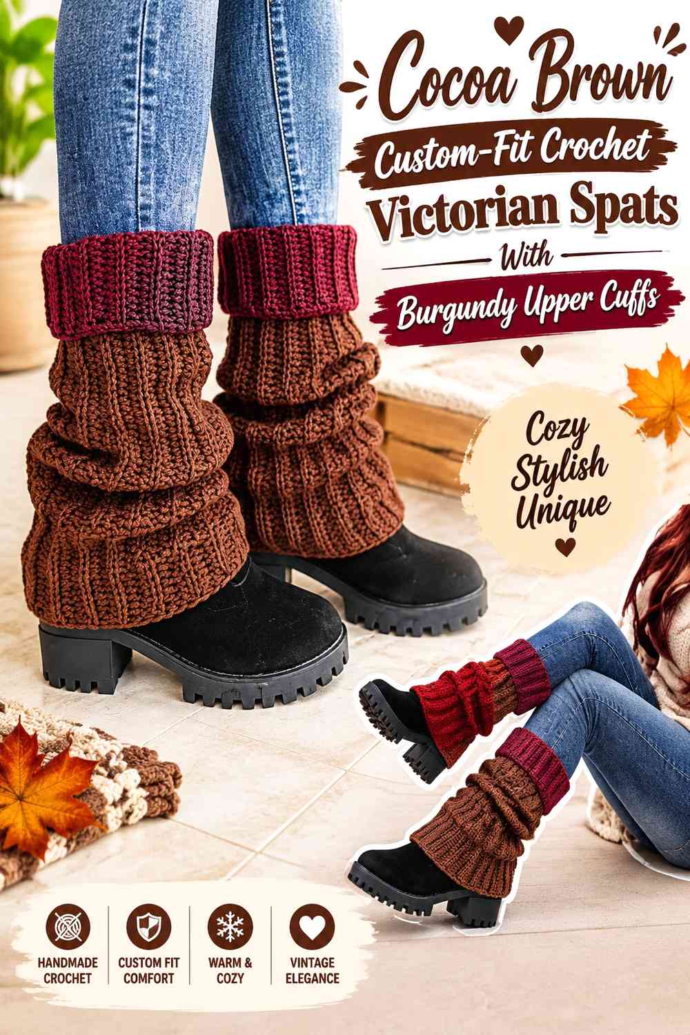 Cocoa Brown Custom-Fit Crochet Victorian Spats With Burgundy Upper Cuffs