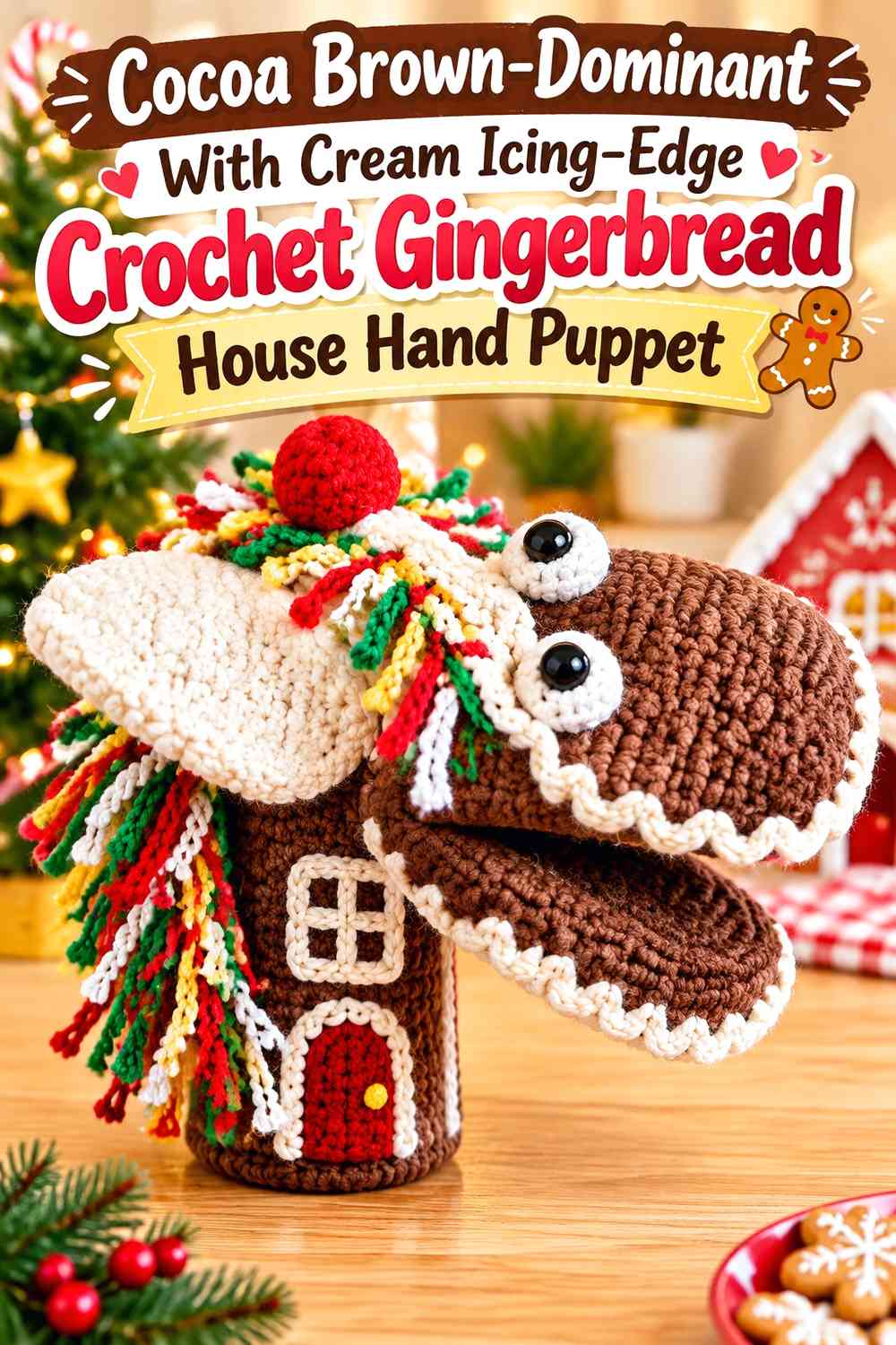 Cocoa Brown-Dominant With Cream Icing-Edge Crochet Gingerbread House Hand Puppet