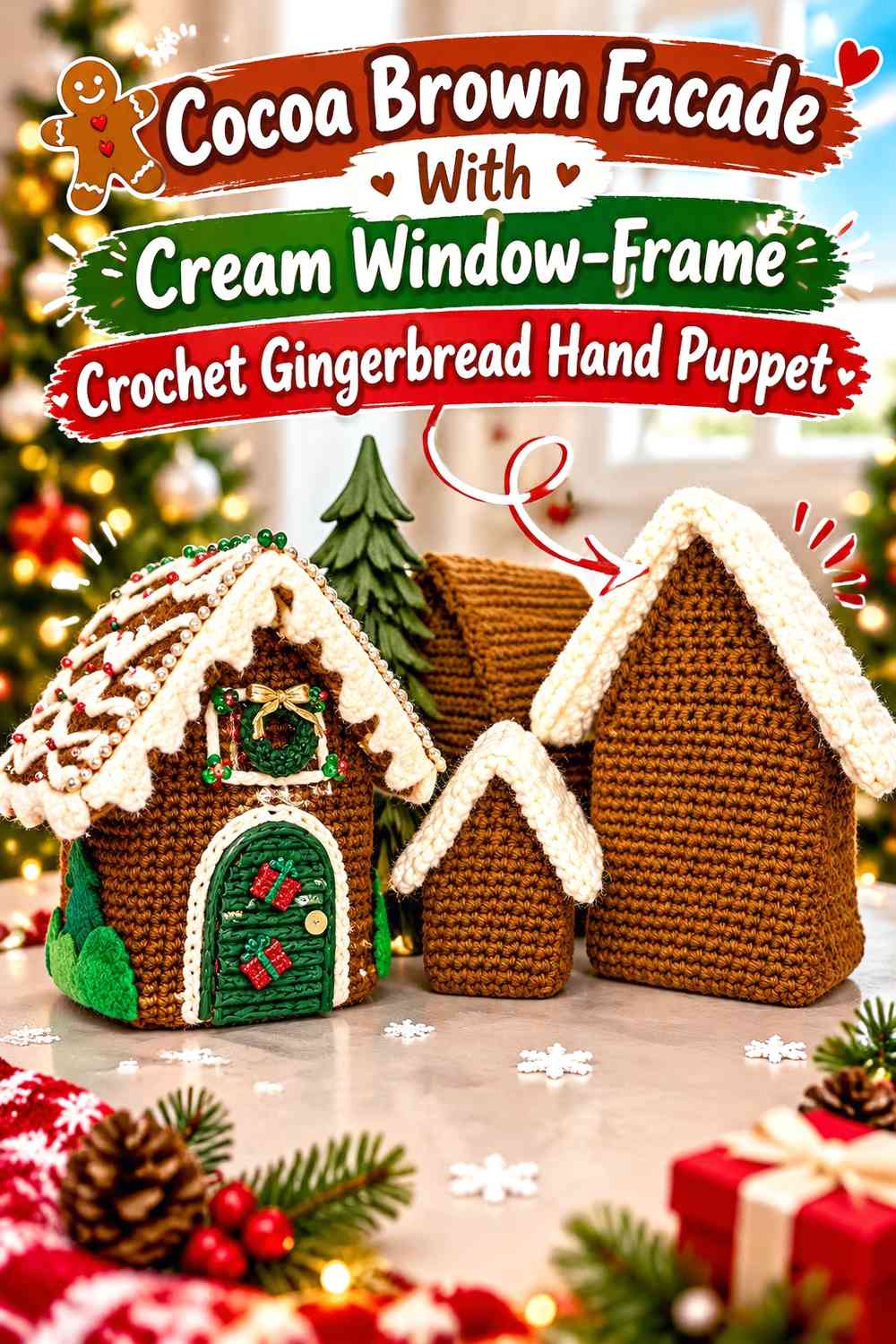 Cocoa Brown Facade With Cream Window-Frame Crochet Gingerbread Hand Puppet