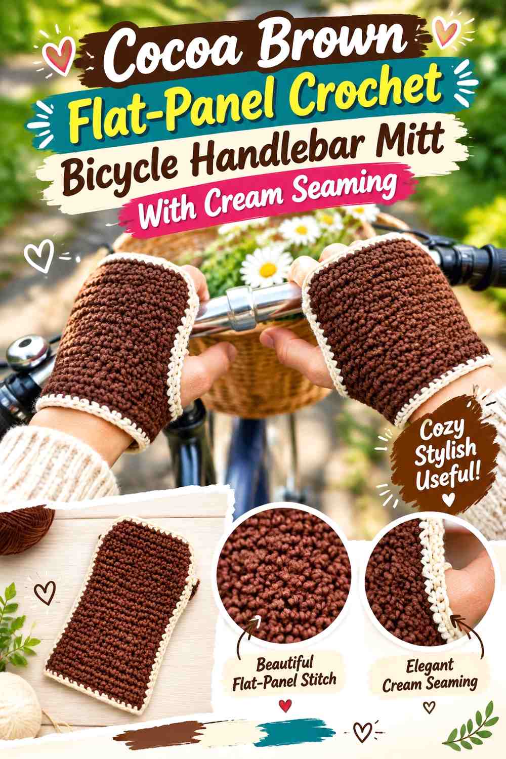 Cocoa Brown Flat-Panel Crochet Bicycle Handlebar Mitt With Cream Seaming