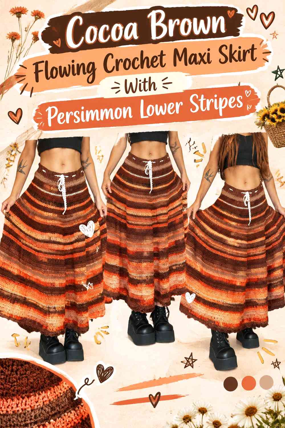 Cocoa Brown Flowing Crochet Maxi Skirt With Persimmon Lower Stripes