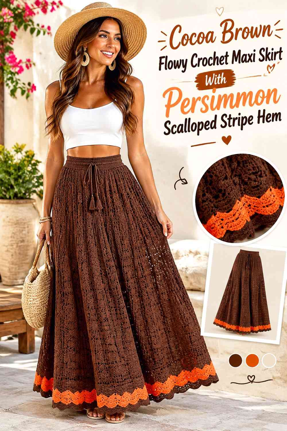 Cocoa Brown Flowy Crochet Maxi Skirt With Persimmon Scalloped Stripe Hem