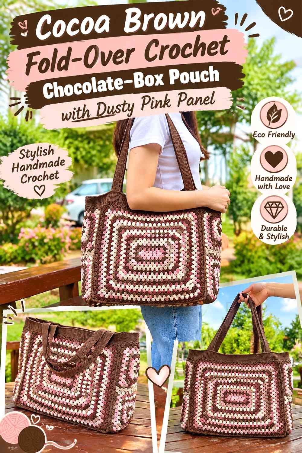 Cocoa Brown Fold-Over Crochet Chocolate-Box Pouch with Dusty Pink Panel
