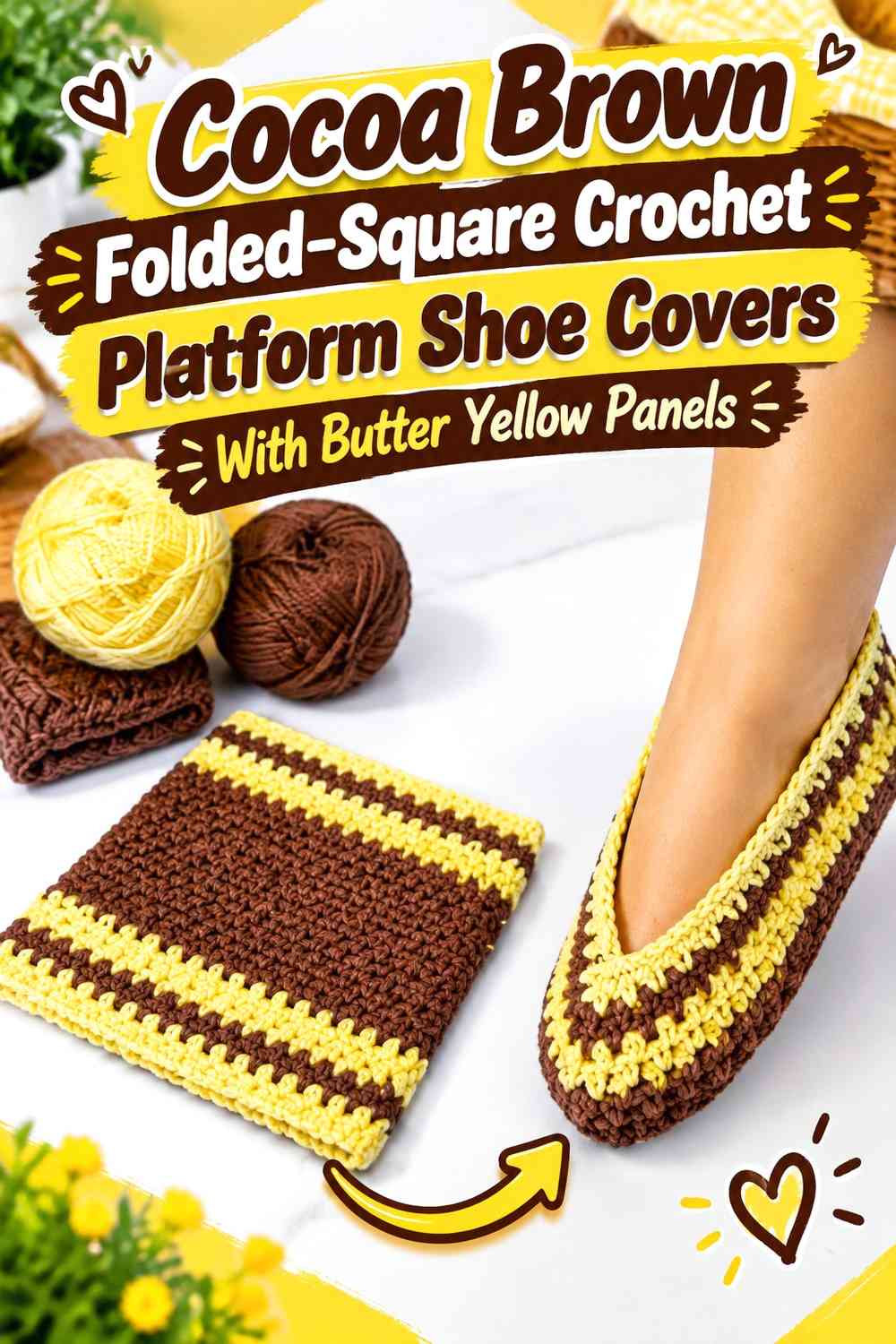 Cocoa Brown Folded-Square Crochet Platform Shoe Covers With Butter Yellow Panels