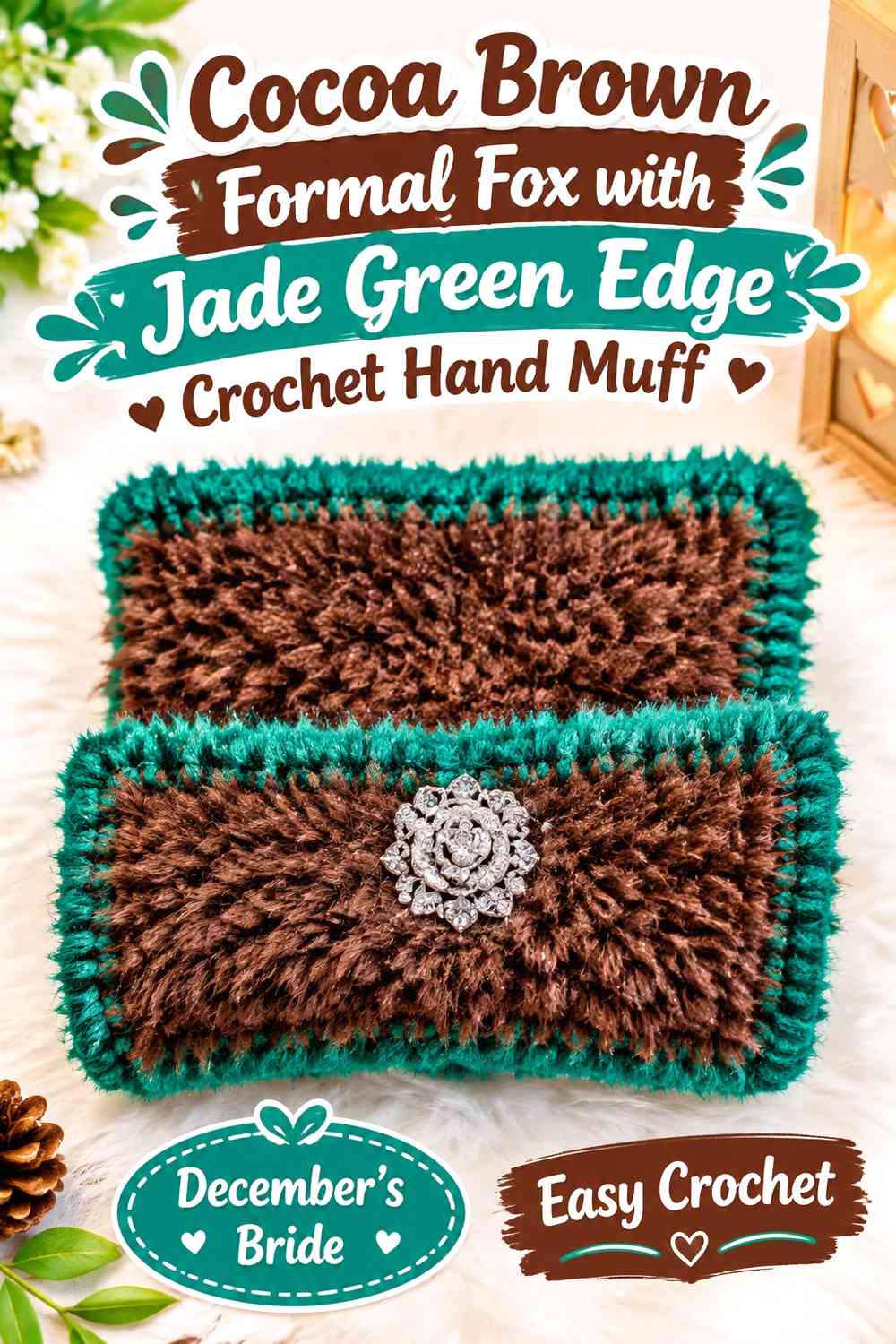 Cocoa Brown Formal Fox with Jade Green Edge Crochet Hand Muff
