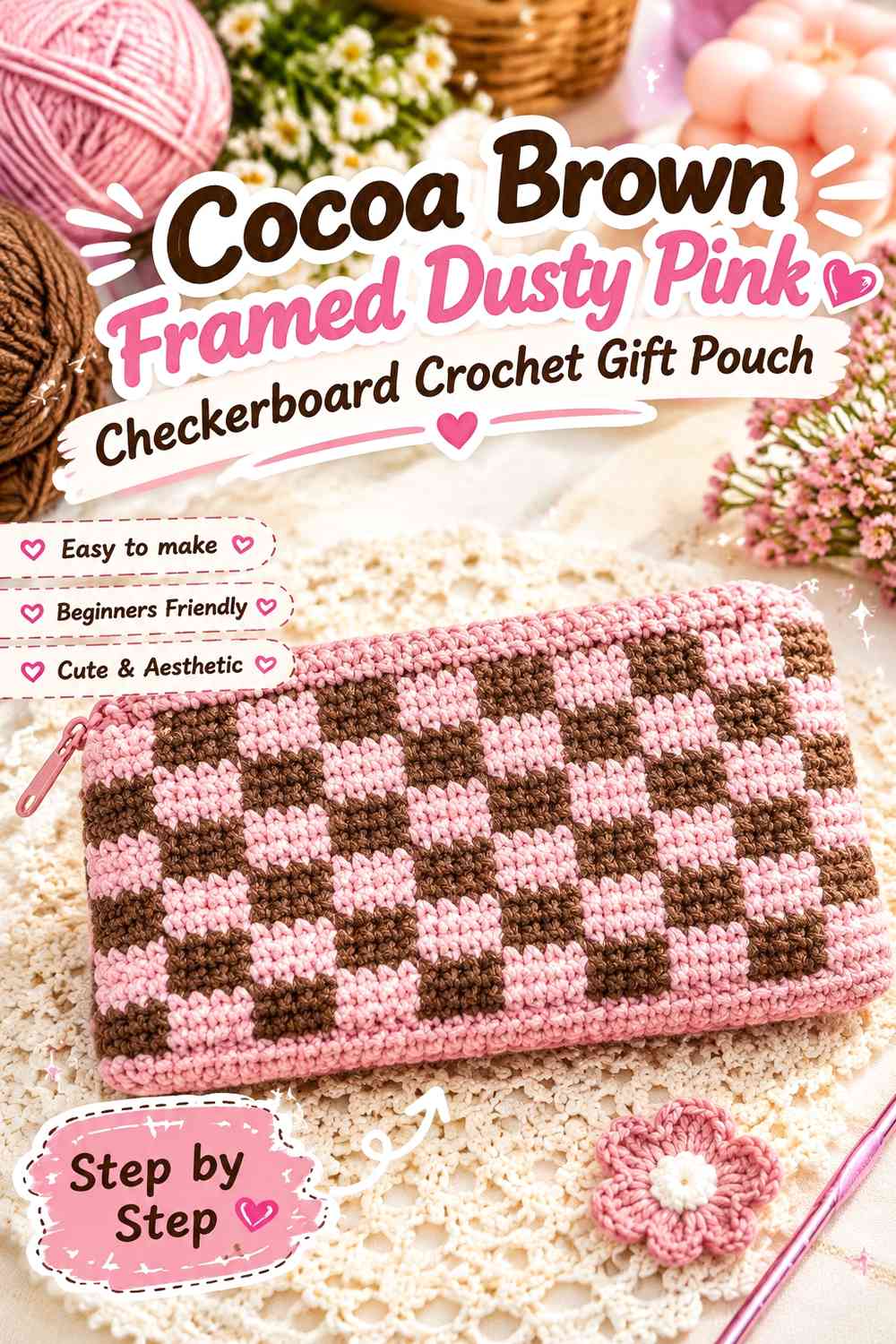Cocoa Brown Framed Dusty Pink Checkerboard Crochet Gift Pouch