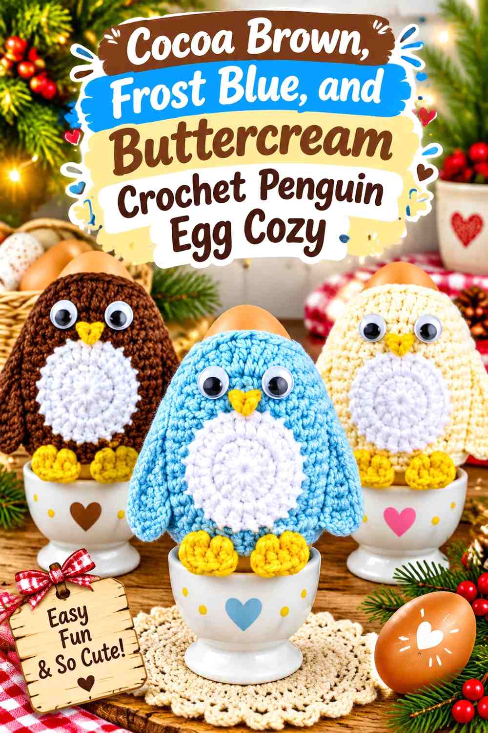 Cocoa Brown, Frost Blue, and Buttercream Crochet Penguin Egg Cozy