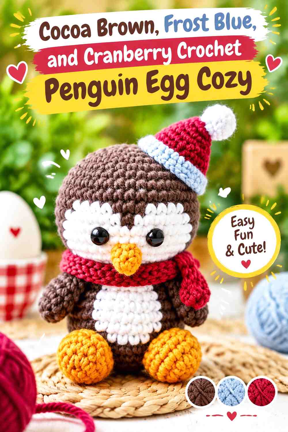 Cocoa Brown, Frost Blue, and Cranberry Crochet Penguin Egg Cozy