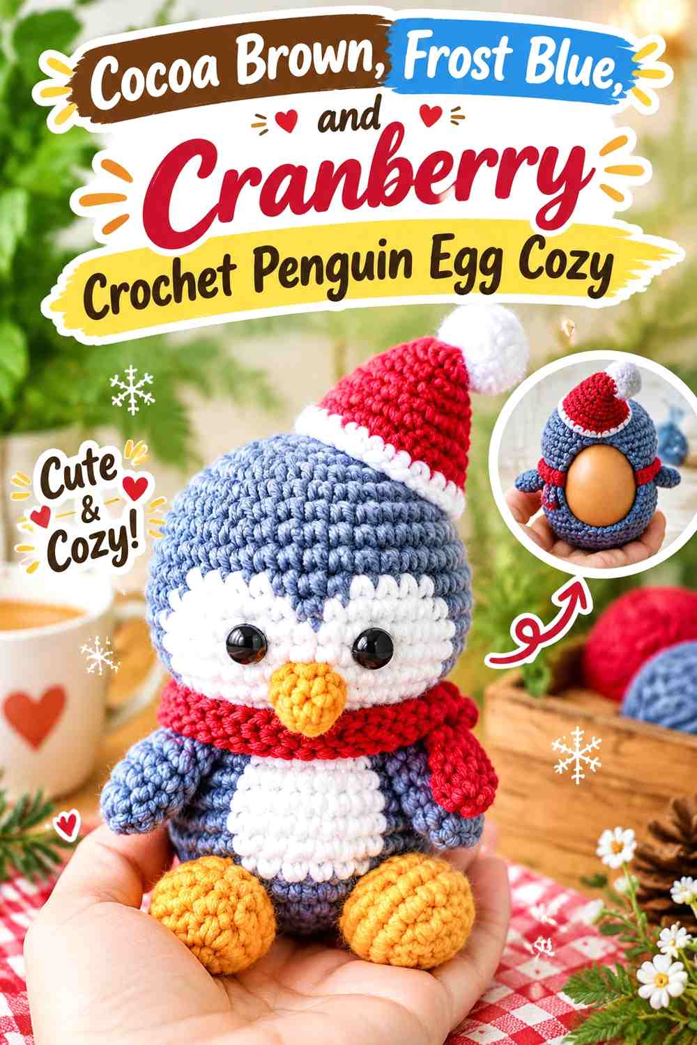 Cocoa Brown, Frost Blue, and Cranberry Crochet Penguin Egg Cozy