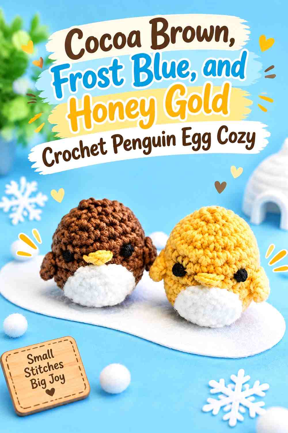 Cocoa Brown, Frost Blue, and Honey Gold Crochet Penguin Egg Cozy
