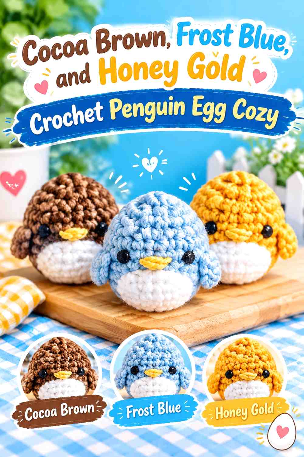 Cocoa Brown, Frost Blue, and Honey Gold Crochet Penguin Egg Cozy