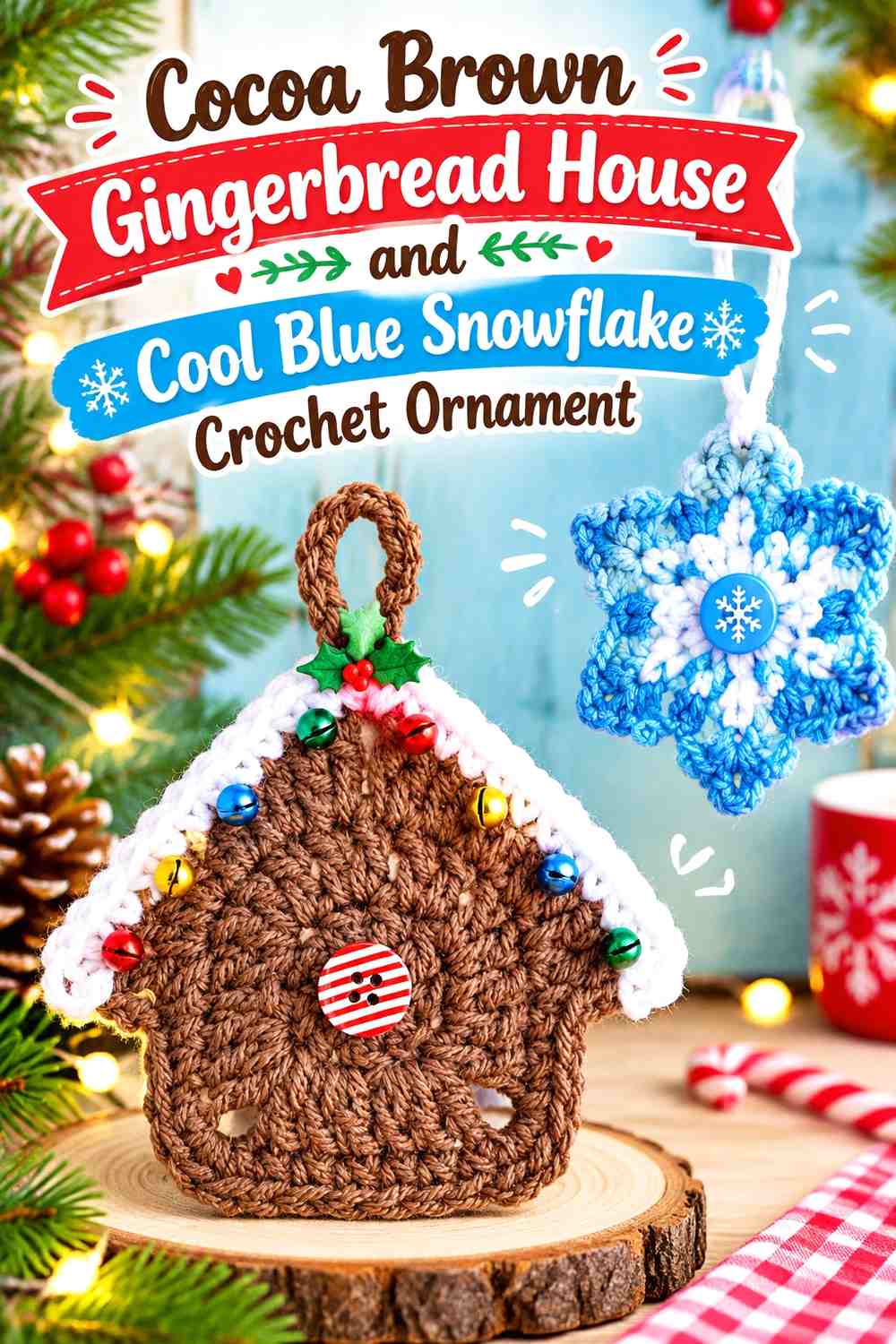 Cocoa Brown Gingerbread House and Cool Blue Snowflake Crochet Ornament