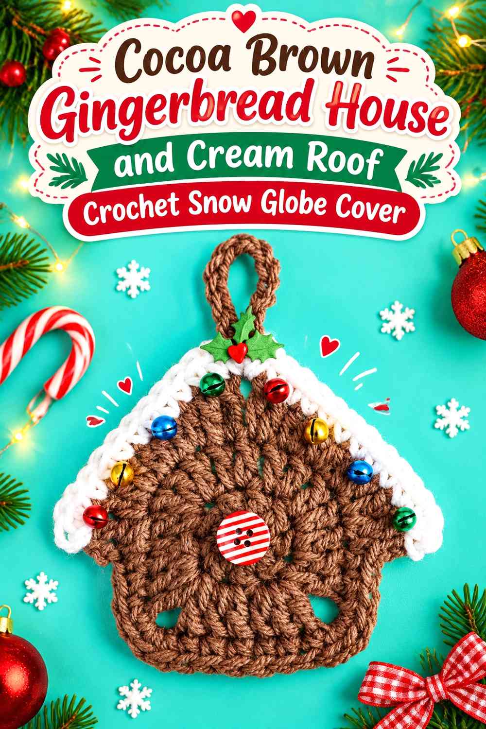 Cocoa Brown Gingerbread House and Cream Roof Crochet Snow Globe Cover