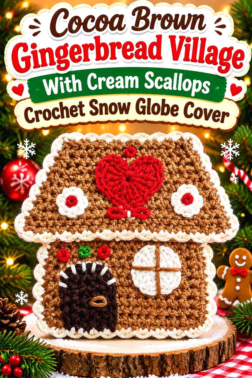 Cocoa Brown Gingerbread Village With Cream Scallops Crochet Snow Globe Cover