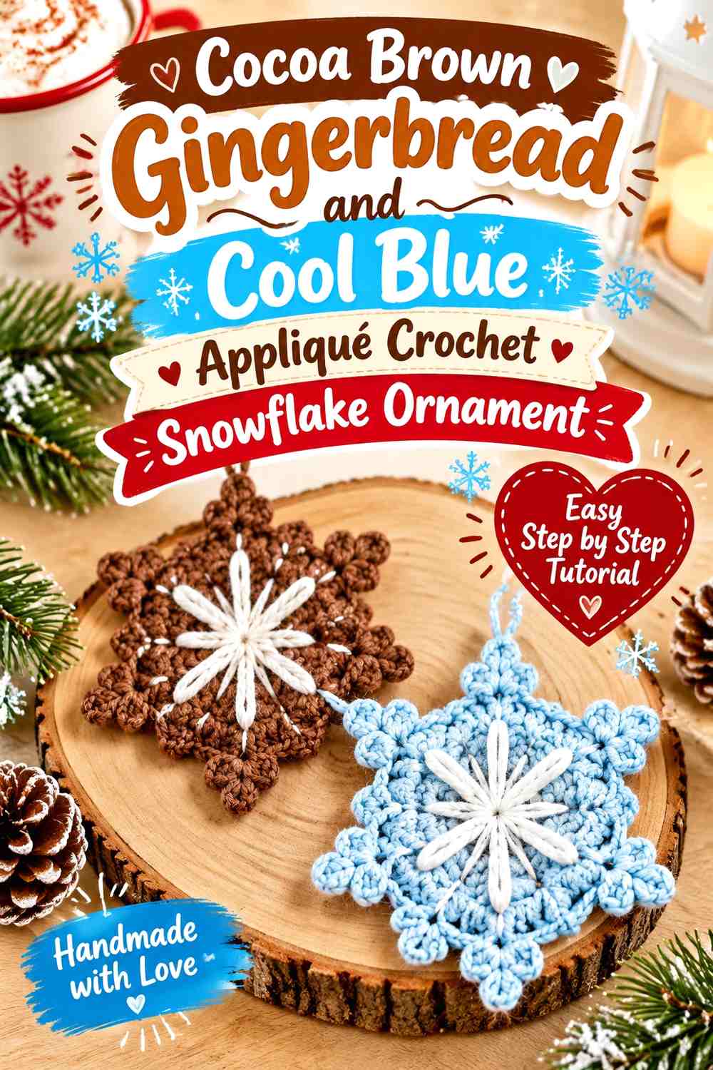 Cocoa Brown Gingerbread and Cool Blue Appliqué Crochet Snowflake Ornament