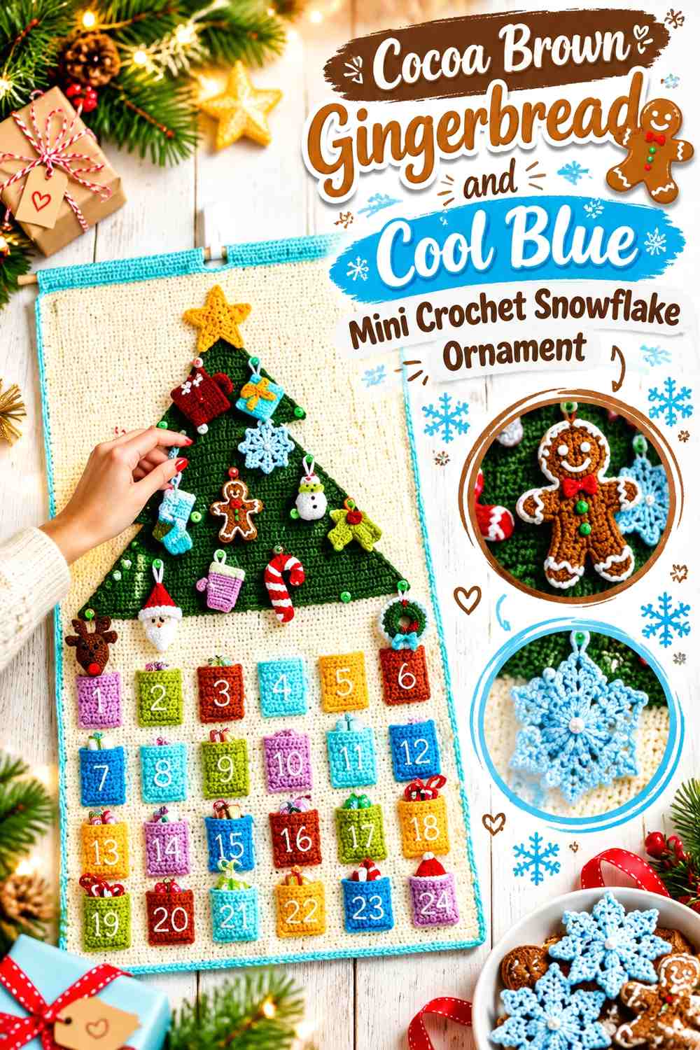 Cocoa Brown Gingerbread and Cool Blue Mini Crochet Snowflake Ornament