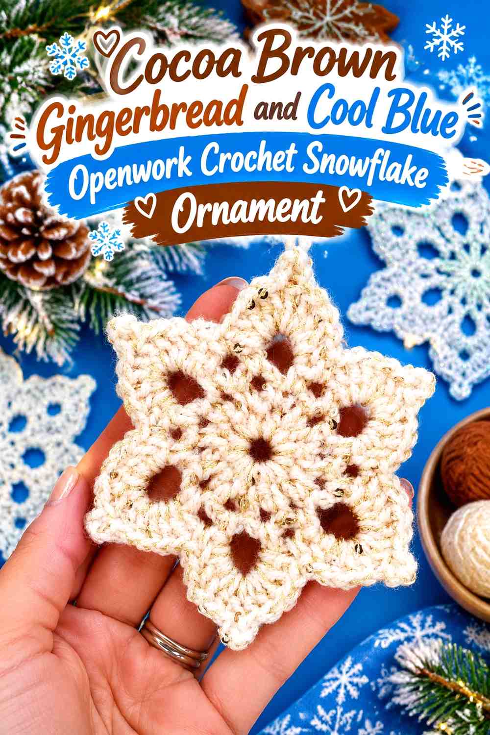 Cocoa Brown Gingerbread and Cool Blue Openwork Crochet Snowflake Ornament