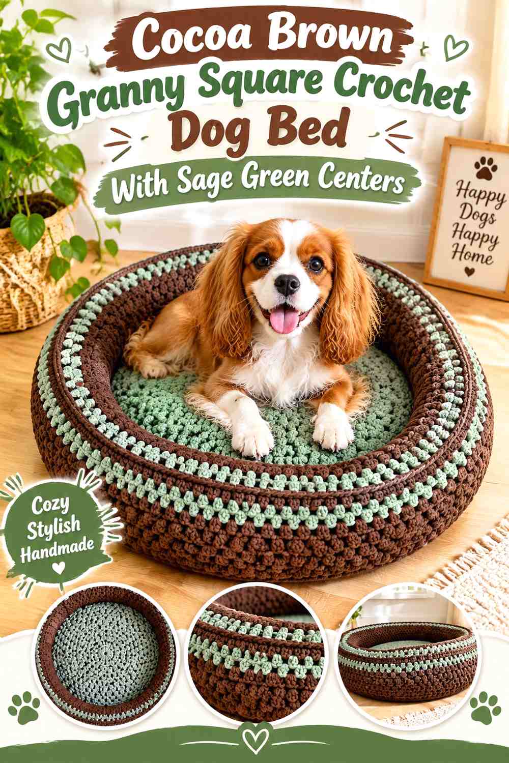 Cocoa Brown Granny Square Crochet Dog Bed With Sage Green Centers