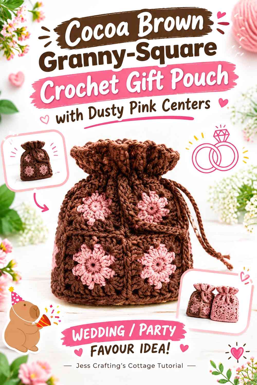 Cocoa Brown Granny-Square Crochet Gift Pouch with Dusty Pink Centers