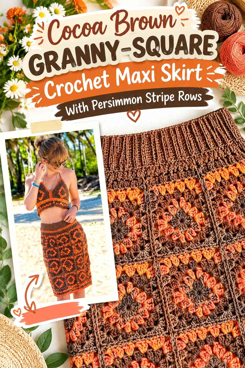 Cocoa Brown Granny-Square Crochet Maxi Skirt With Persimmon Stripe Rows