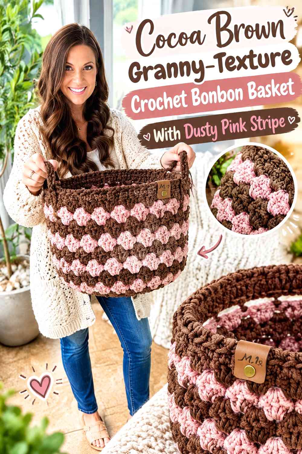 Cocoa Brown Granny-Texture Crochet Bonbon Basket With Dusty Pink Stripe