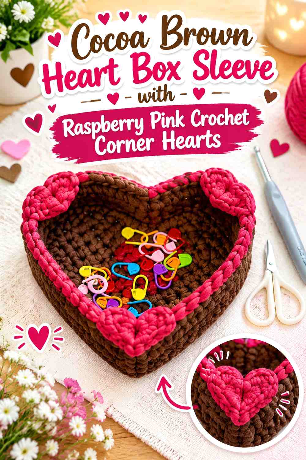 Cocoa Brown Heart Box Sleeve with Raspberry Pink Crochet Corner Hearts