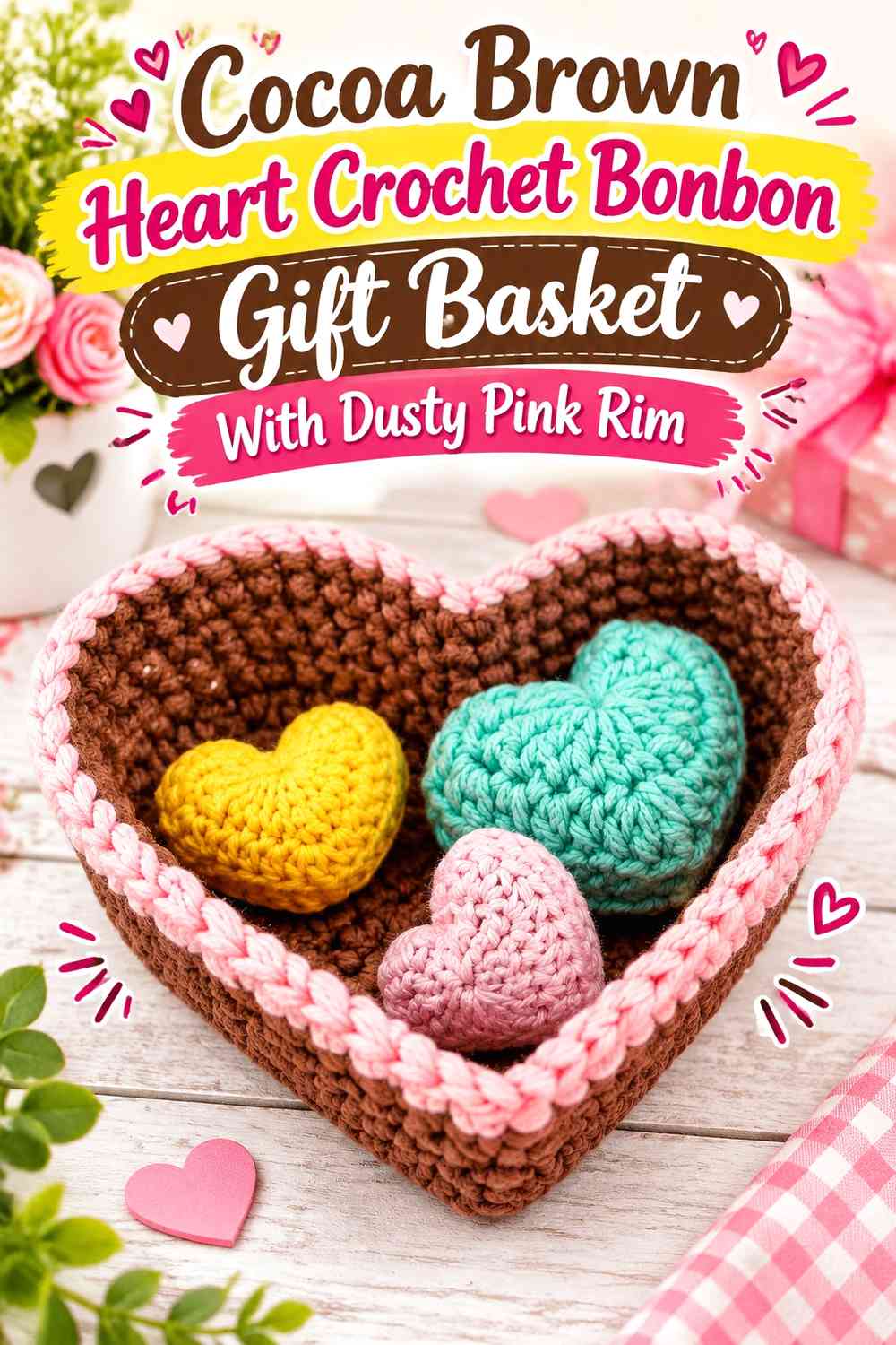 Cocoa Brown Heart Crochet Bonbon Gift Basket With Dusty Pink Rim