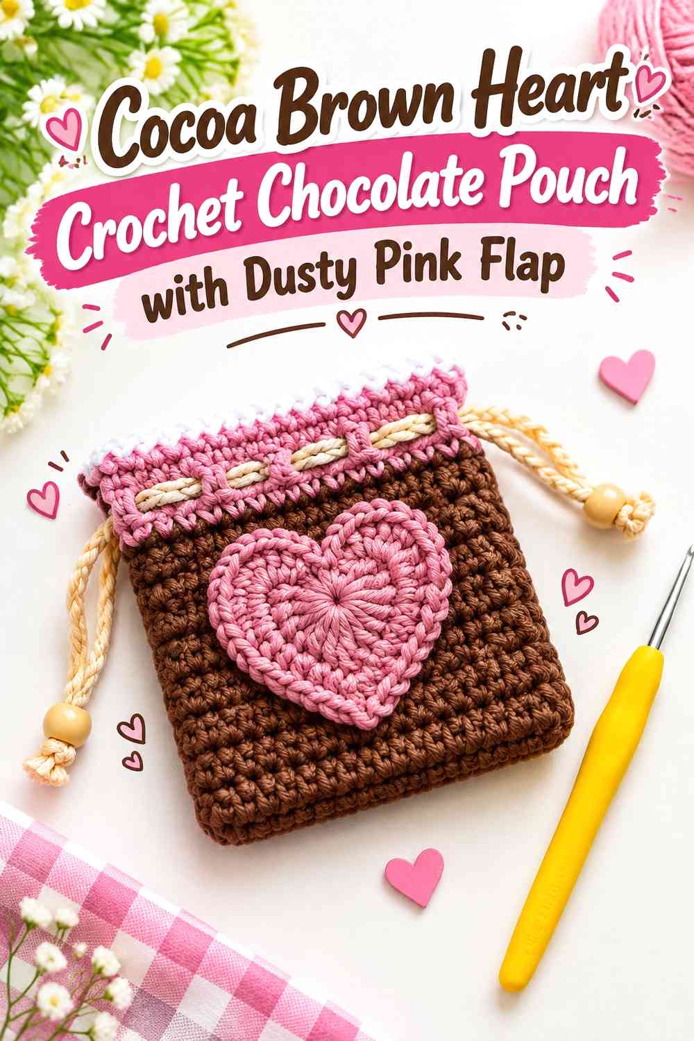 Cocoa Brown Heart Crochet Chocolate Pouch with Dusty Pink Flap