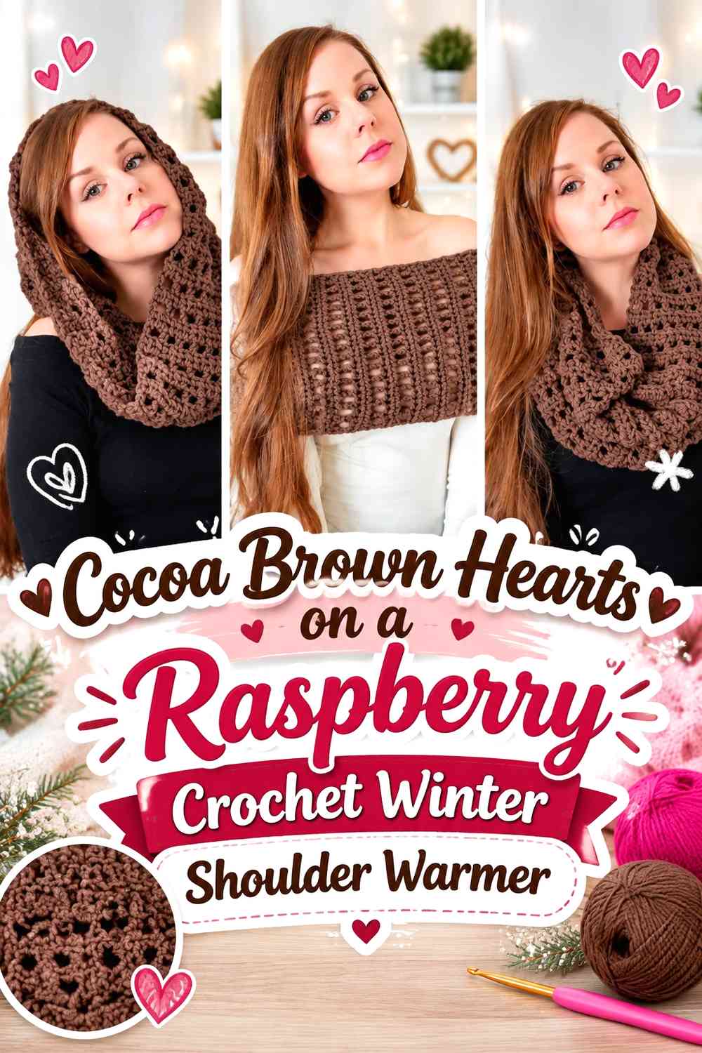 Cocoa Brown Hearts on a Raspberry Crochet Winter Shoulder Warmer