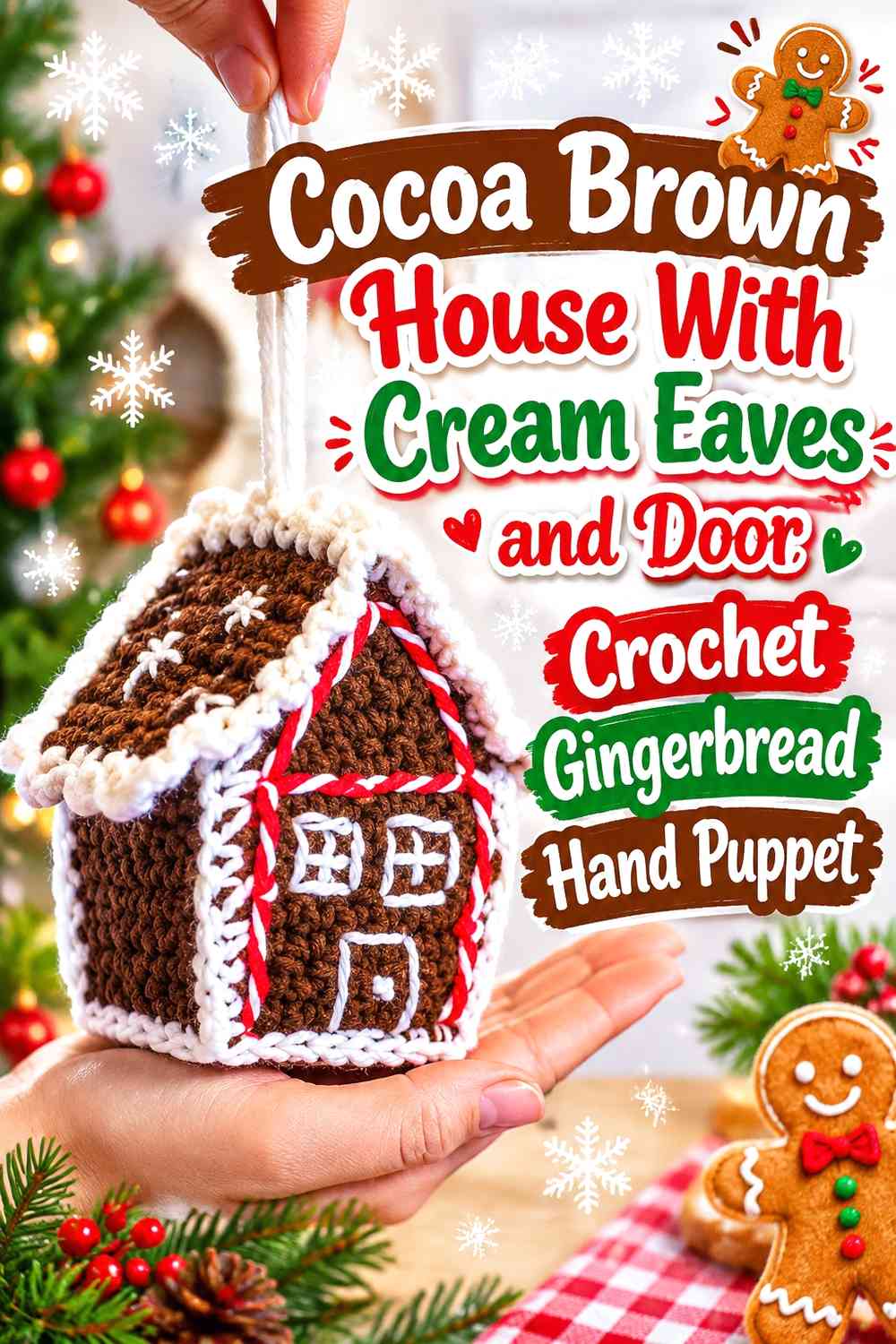 Cocoa Brown House With Cream Eaves and Door Crochet Gingerbread Hand Puppet