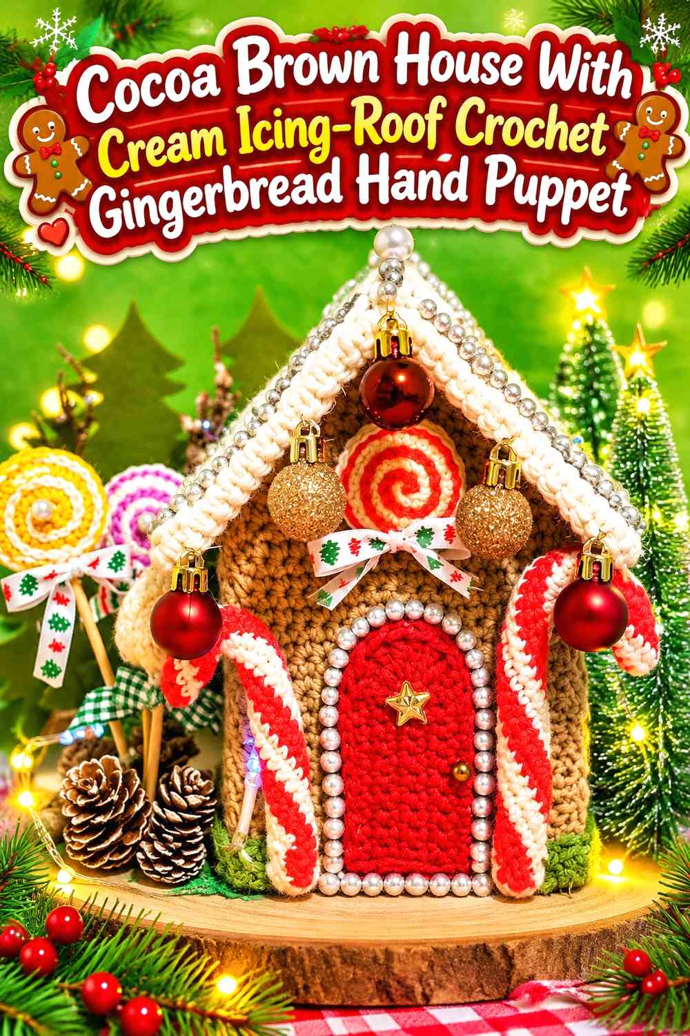 Cocoa Brown House With Cream Icing-Roof Crochet Gingerbread Hand Puppet