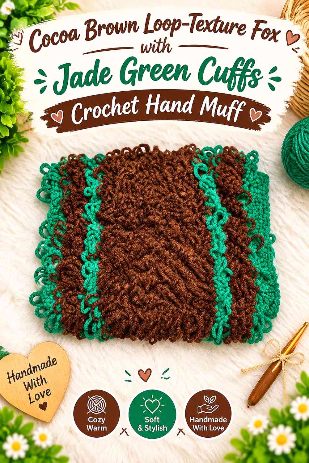 Cocoa Brown Loop-Texture Fox with Jade Green Cuffs Crochet Hand Muff