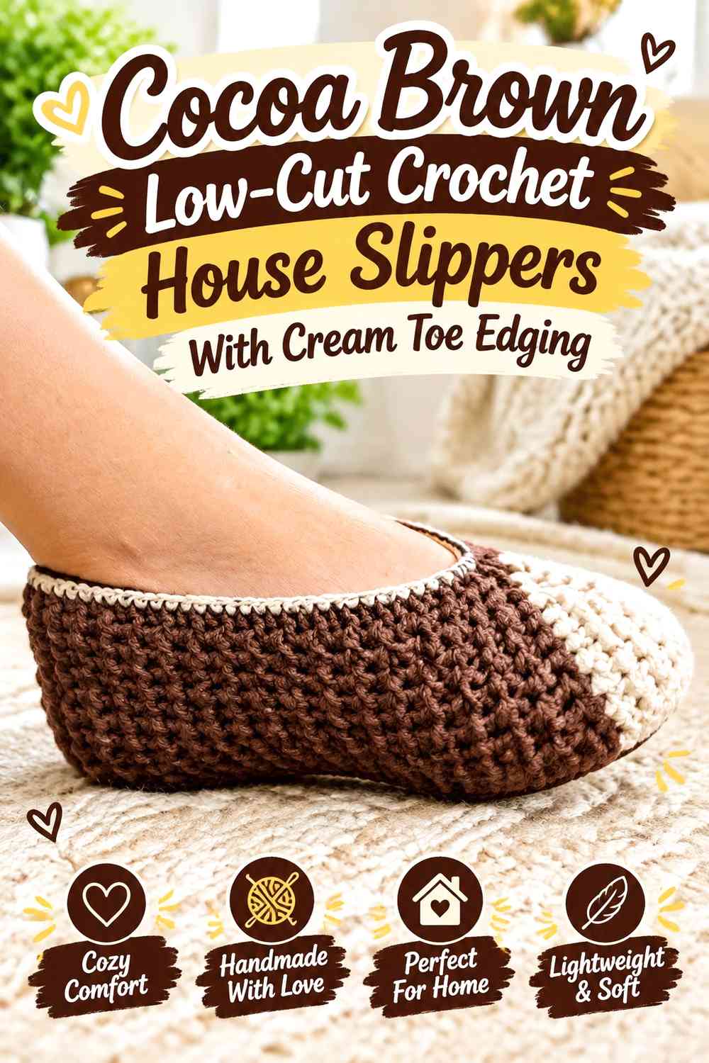 Cocoa Brown Low-Cut Crochet House Slippers With Cream Toe Edging