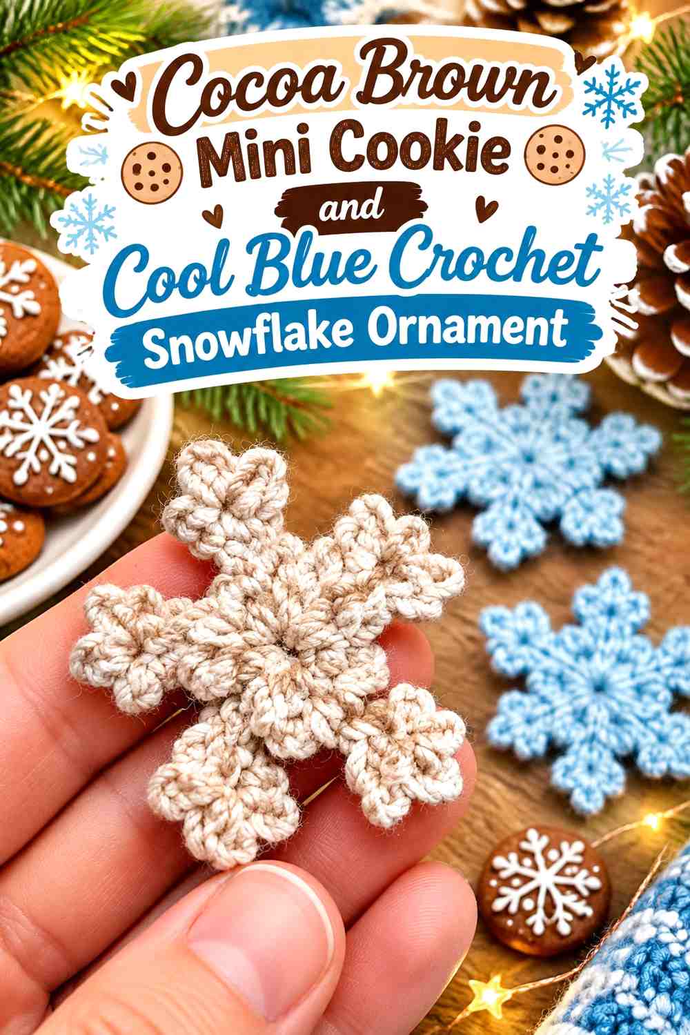 Cocoa Brown Mini Cookie and Cool Blue Crochet Snowflake Ornament