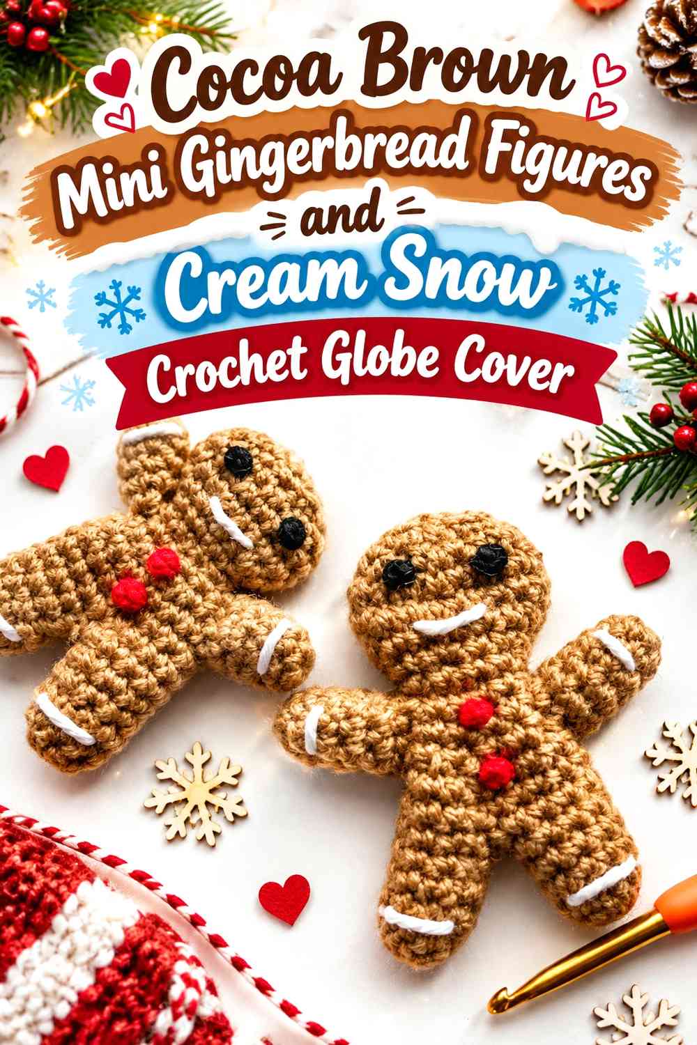 Cocoa Brown Mini Gingerbread Figures and Cream Snow Crochet Globe Cover