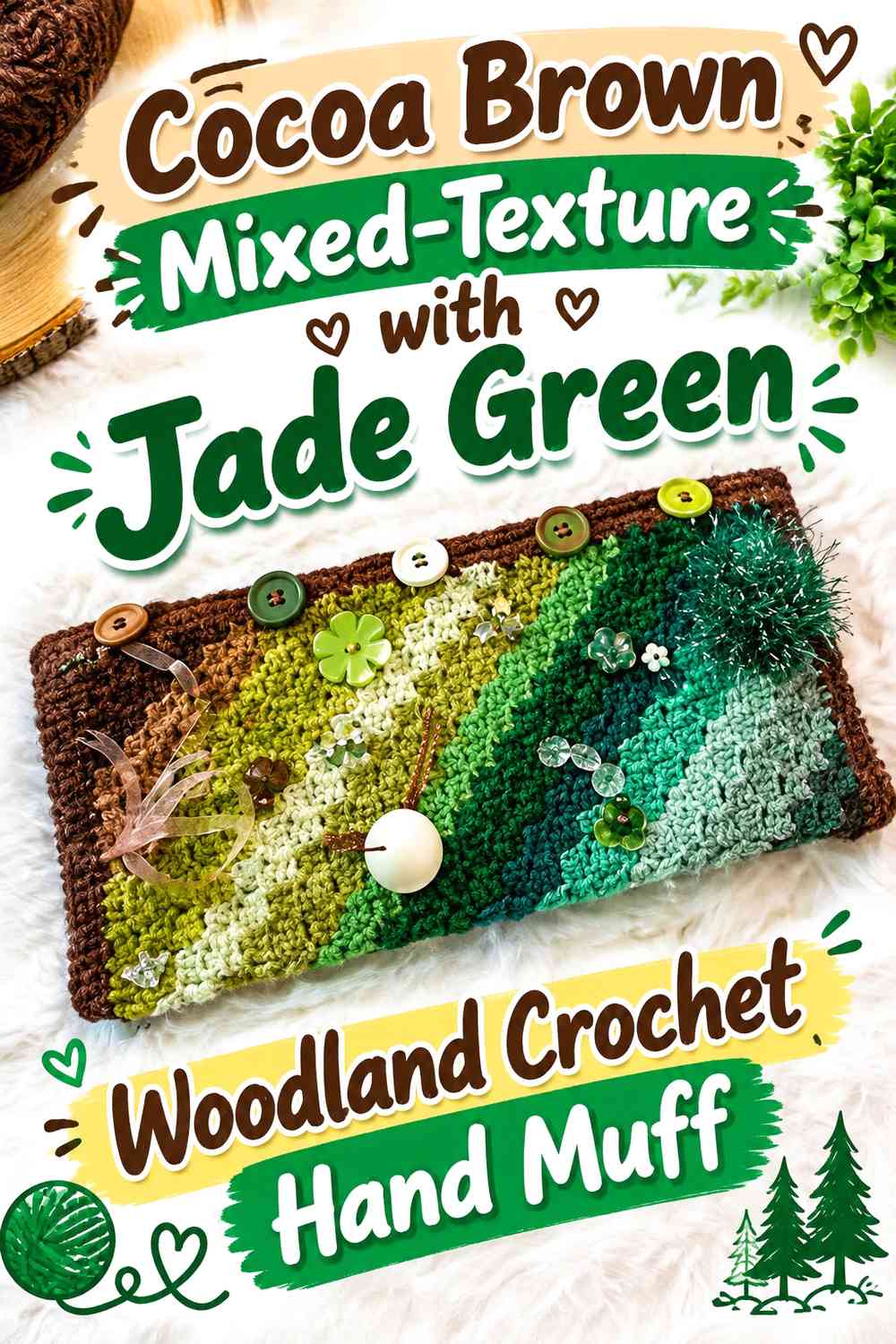 Cocoa Brown Mixed-Texture with Jade Green Woodland Crochet Hand Muff