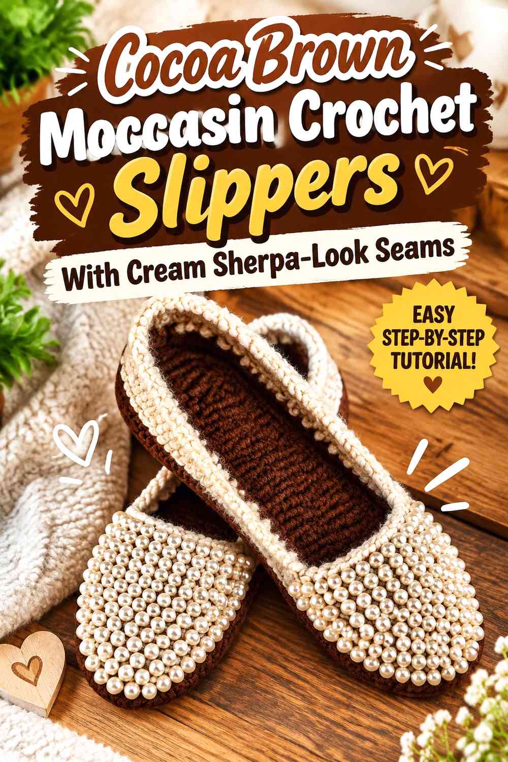 Cocoa Brown Moccasin Crochet Slippers With Cream Sherpa-Look Seams