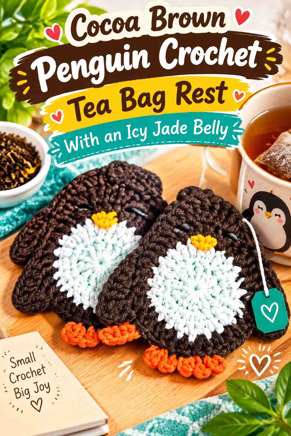 Cocoa Brown Penguin Crochet Tea Bag Rest With an Icy Jade Belly