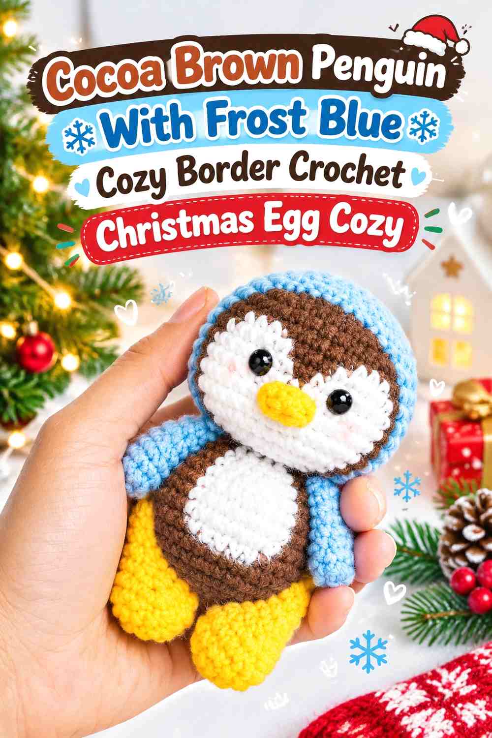Cocoa Brown Penguin With Frost Blue Cozy Border Crochet Christmas Egg Cozy